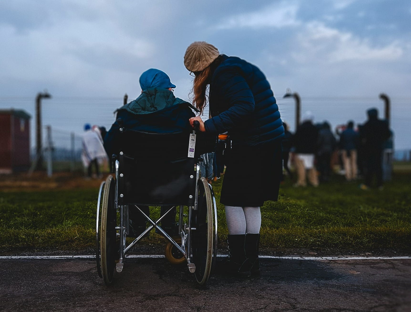 woman standing near person in wheelchair near green grass field